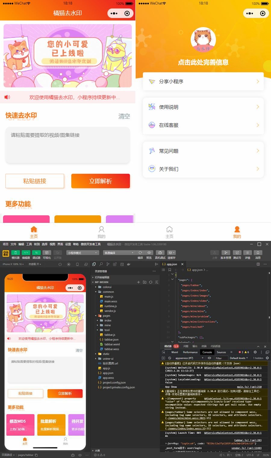 橘猫视频去水印微信小程序源码/自定义接口/PHP后端对接