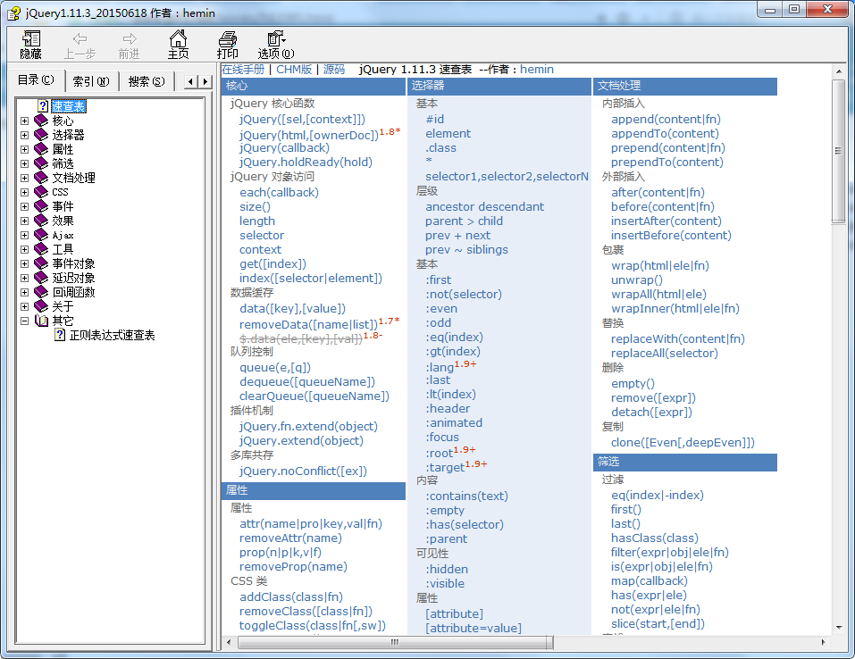 jQuery API 3.1.0（jQuery 中文手册 1.11.3） 速查表 Shifone