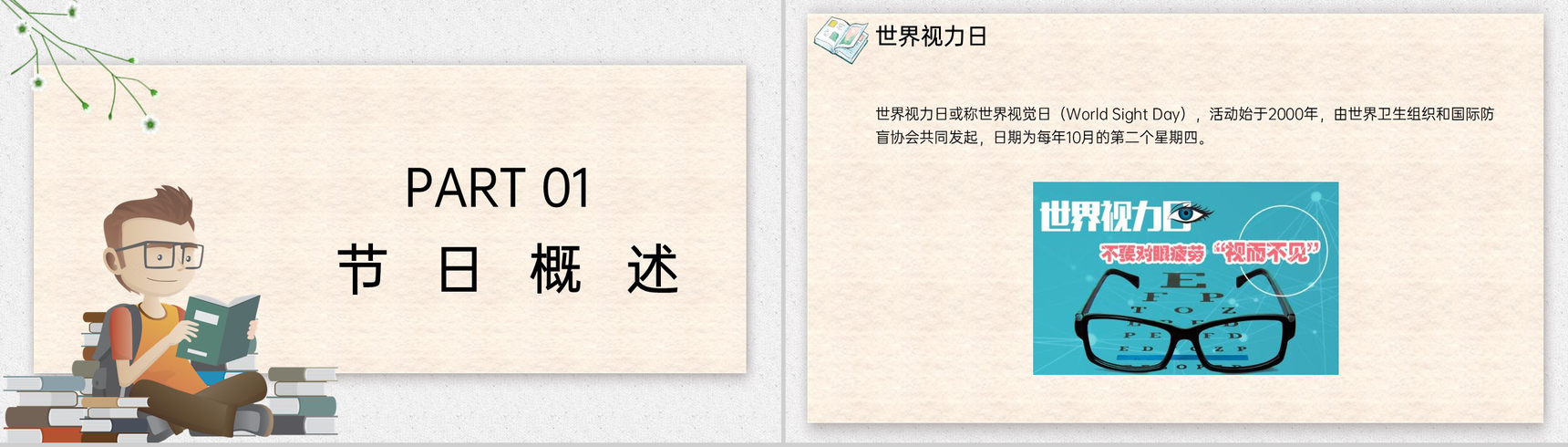 黄色可爱卡通世界视力日主题概述宣传活动PPT模板