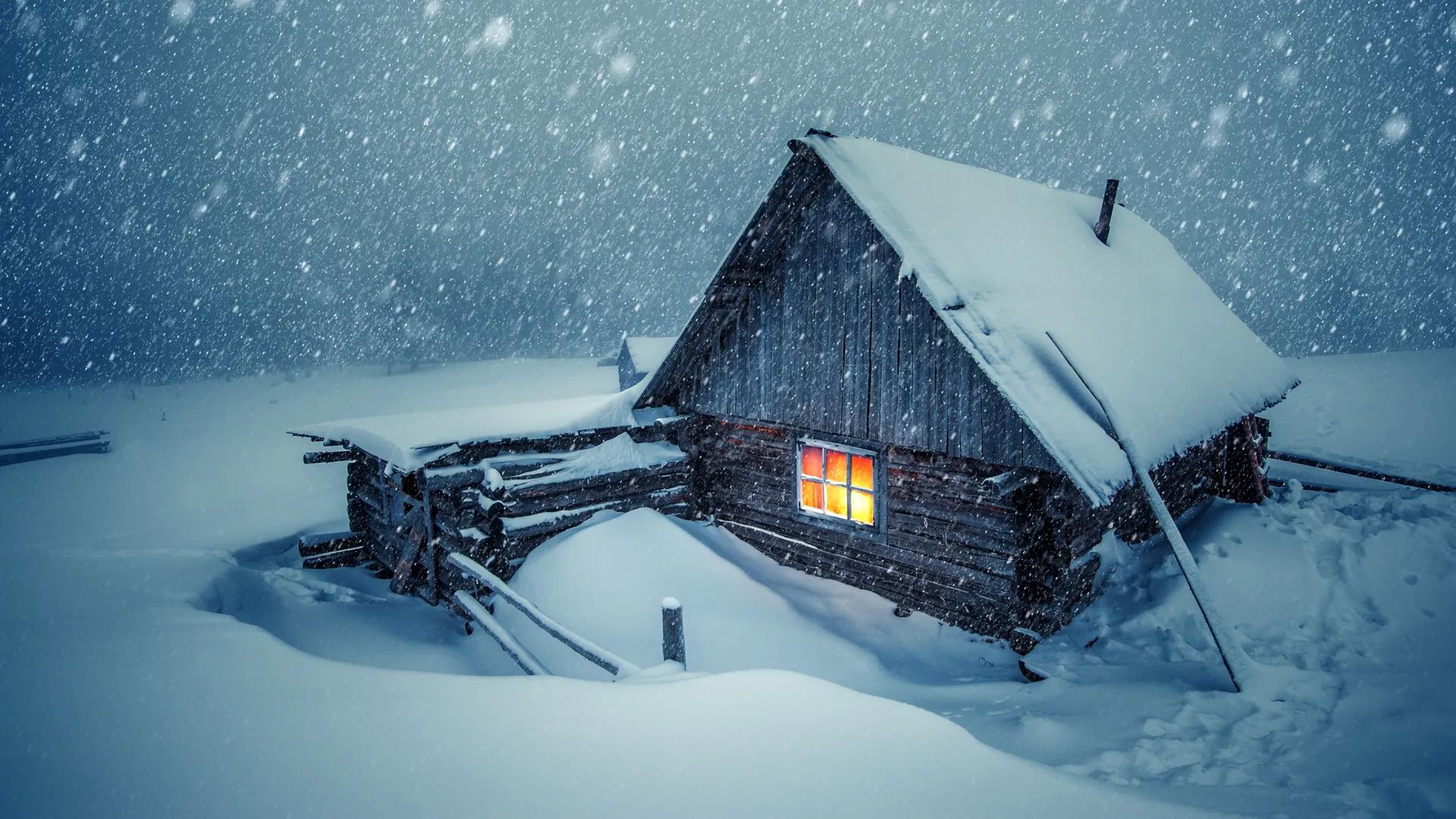 风景 冬天 雪 晚上 房子