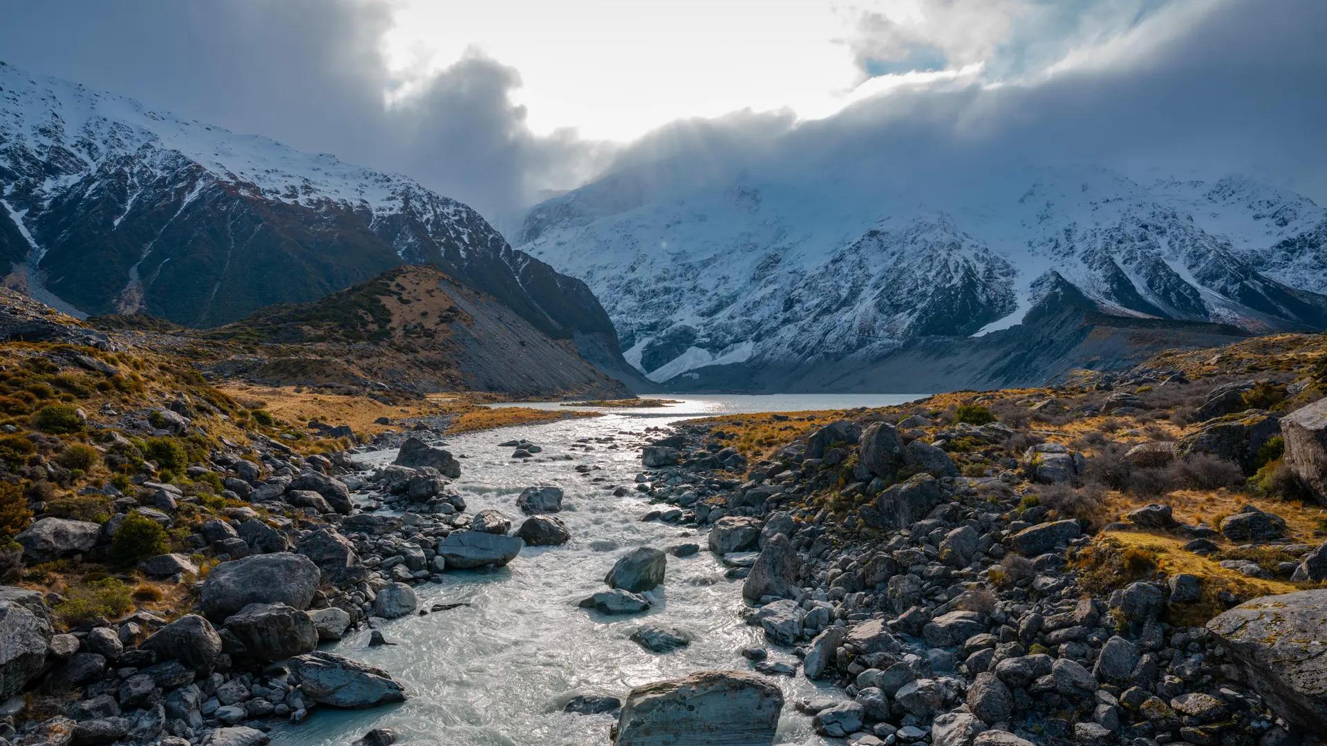 新西兰 河流 风景 雪 自然 岩石