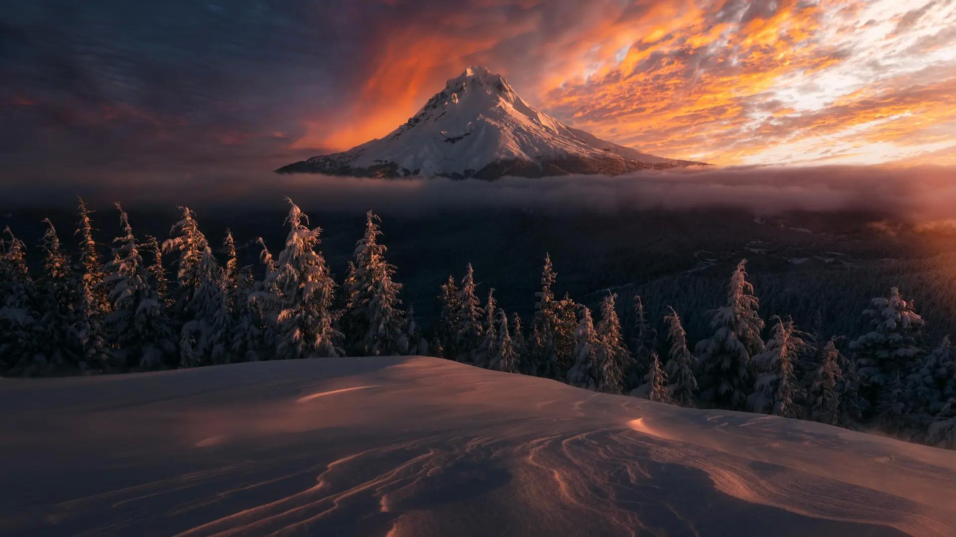 云 自然 风景 日落 俄勒冈州 冬天 雪 山脉 夕阳辉光  电脑壁纸 4K壁纸