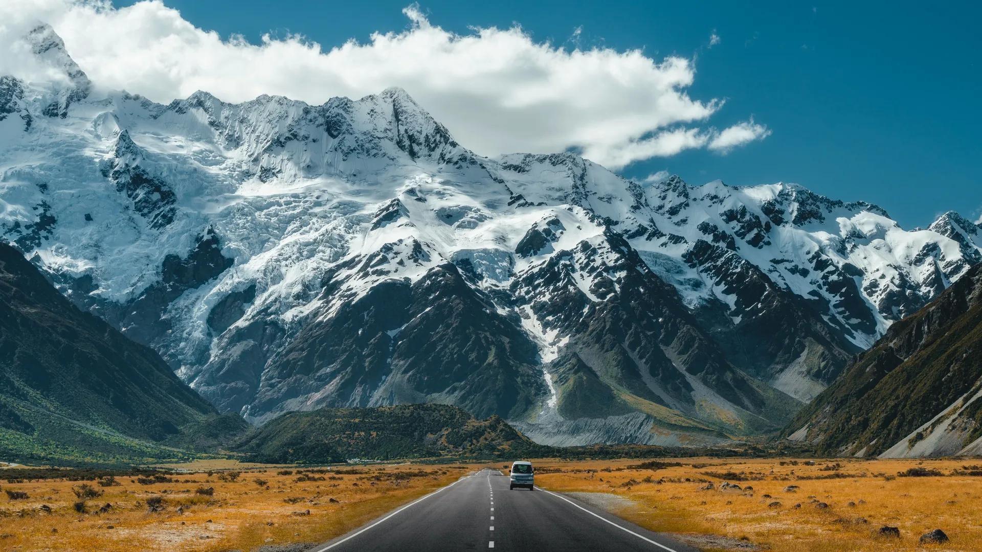 山脉 风景 雪山 道路 汽车 云 新西兰 库克山 自然 雪  电脑壁纸 4K壁纸