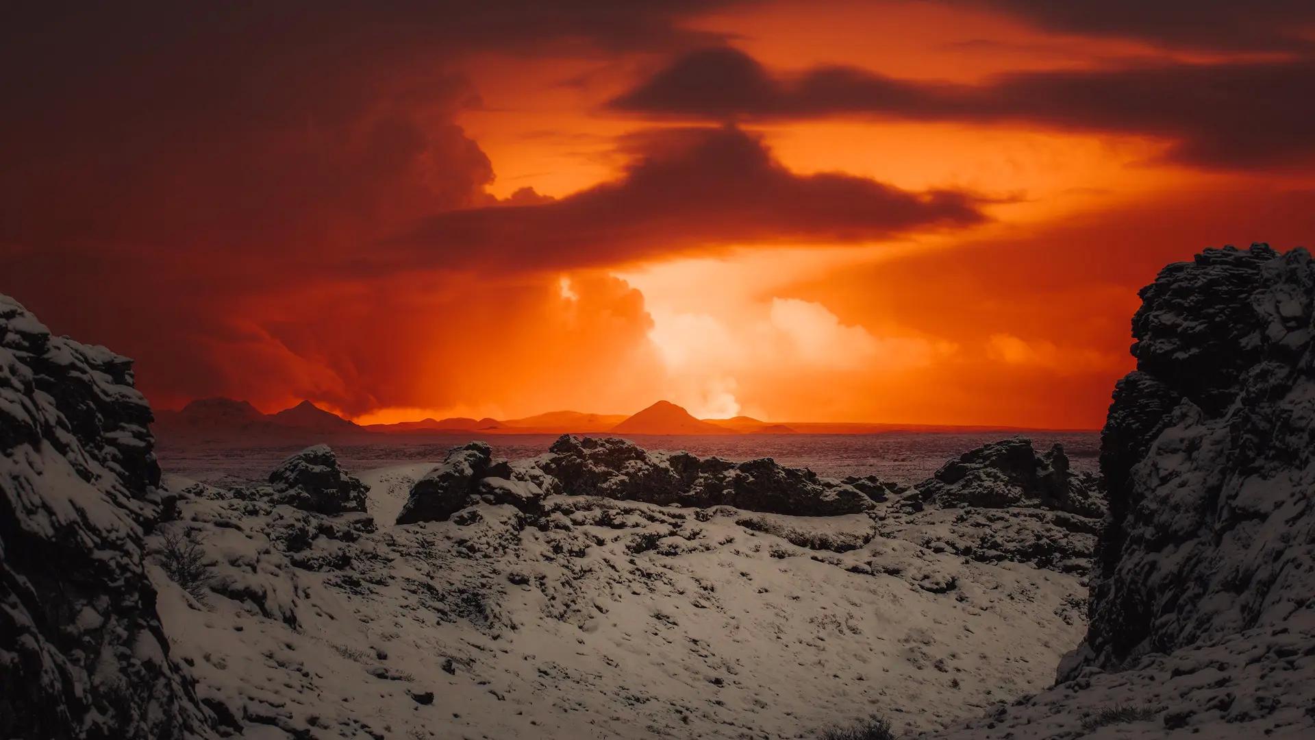 冰岛 火山 火山喷发 自然 雪 云 风景 熔岩 岩石 山 电脑壁纸 4K壁纸