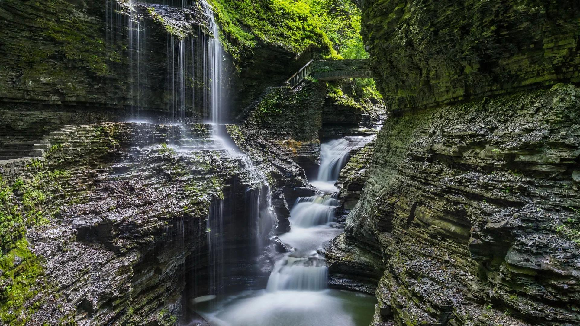 自然 岩石 瀑布 苔藓 桥梁 峡谷 水 电脑壁纸 4K壁纸